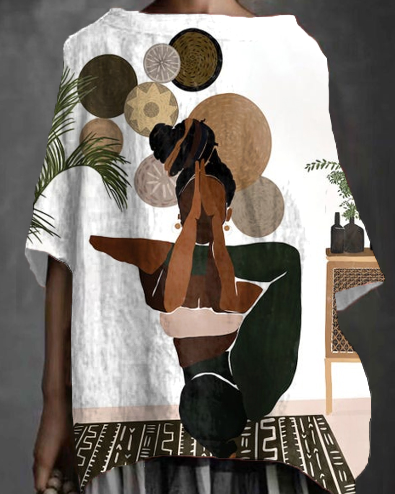 Black Girl Yoga Art Printed Cotton Hemp Loose Top