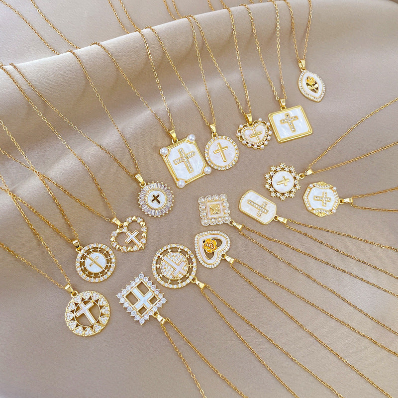 Copper Micro-Inlaid Cross Fashionable And Gorgeous Full Diamond Necklace For Women All-Match Clavicle Chain Titanium Steel