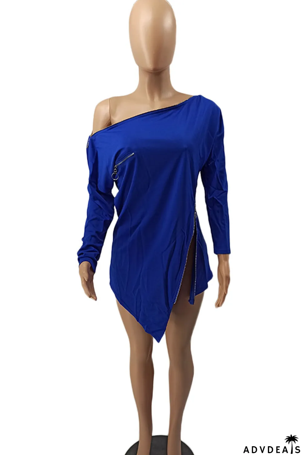 Burgundy Casual Solid Split Joint Asymmetrical Zipper Zipper Collar Tops