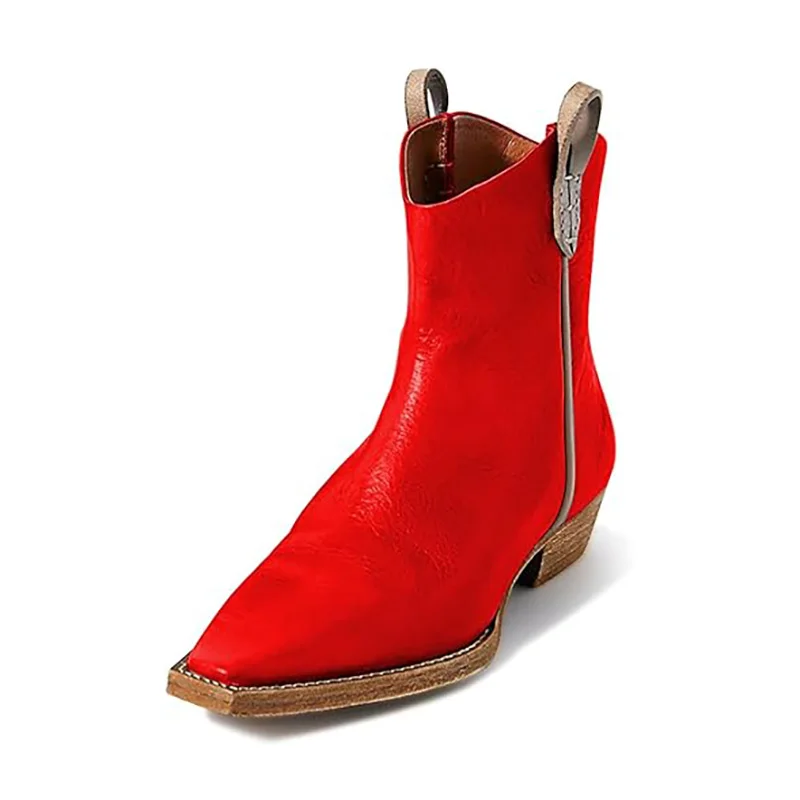 Elegant Vegan Leather Snip Toe Back-Zip Flat Ankle Boots in Red