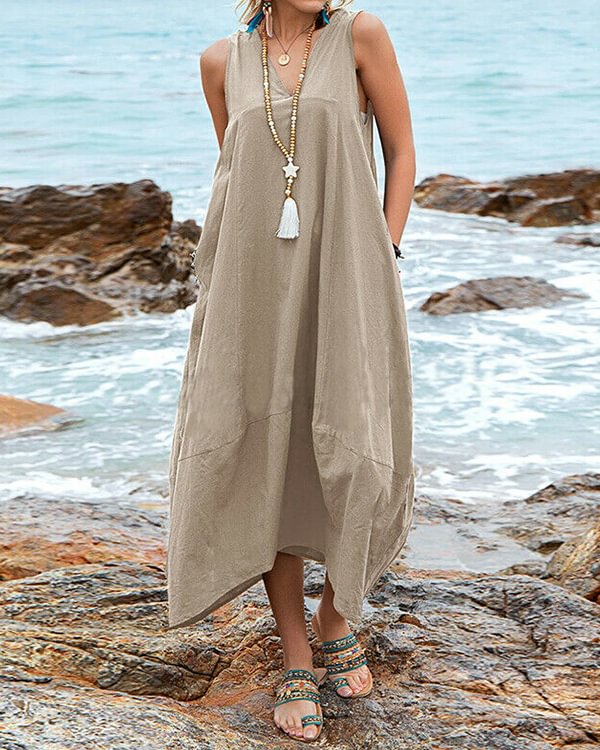 Casual Linen V-Neck Pocket Beach Dress