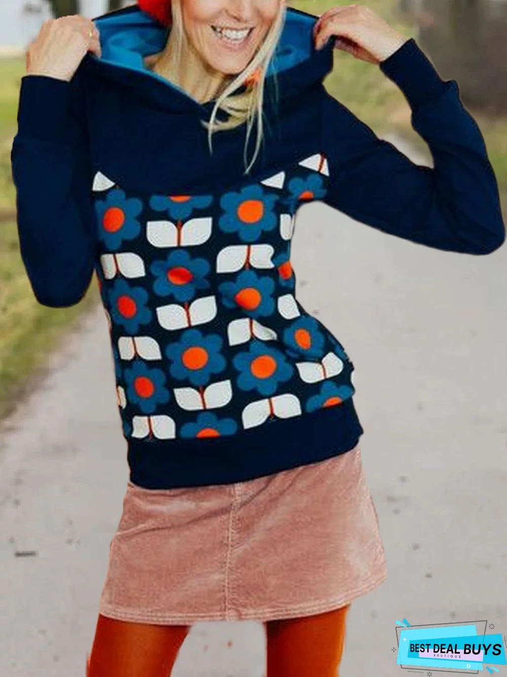 Floral-Print Hoodie Casual Long Sleeve Sweatshirt