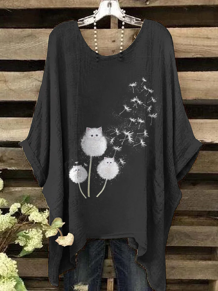 Women's Cat and Dandelion Abstract Print Top