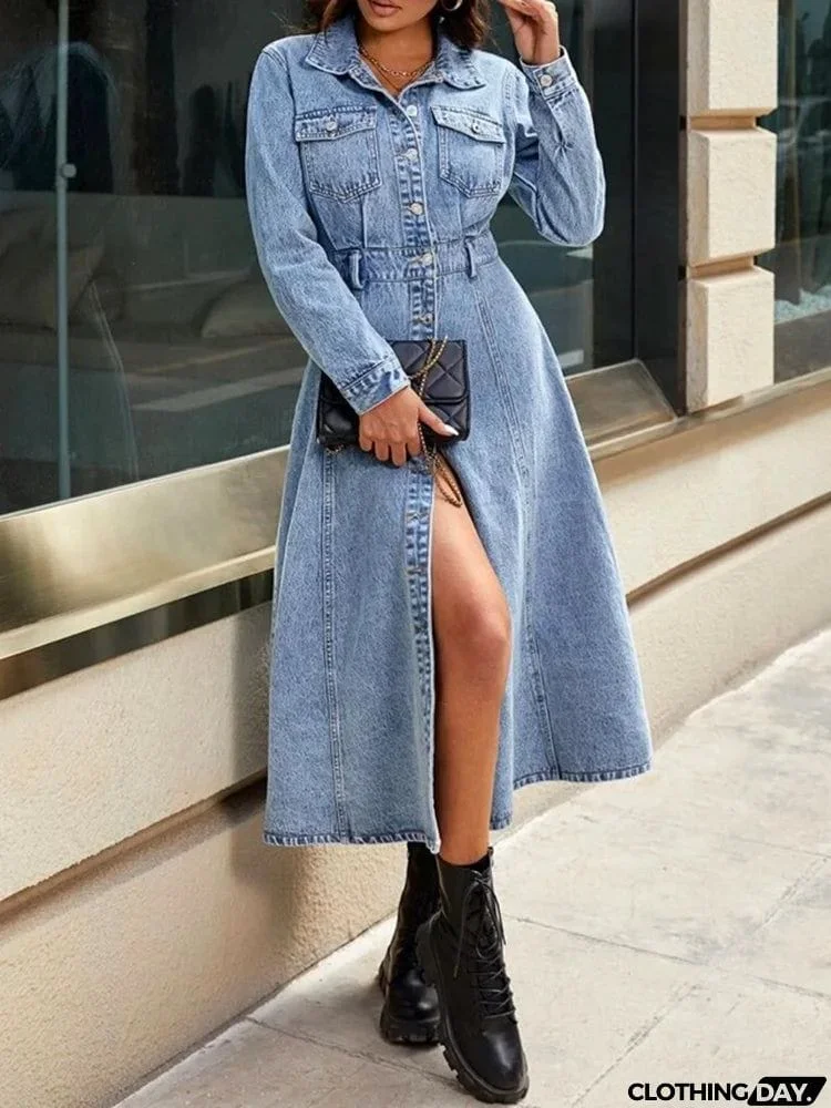 Stylish Lapel Collar Empire Buttoned Solid Color A-Line Denim Midi Dresses