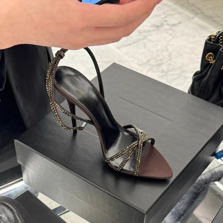 Yyvonne Summer New Water Drill Brown High Heel Sexy Toe Tip One By One With Cross-Smelling Sandals Woman