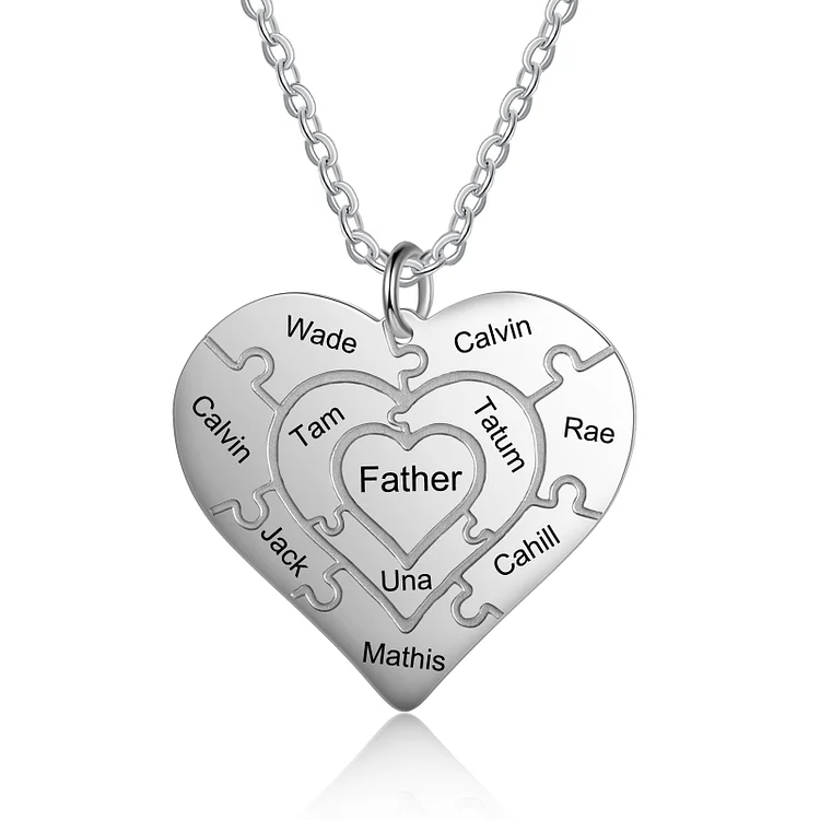Personalized Heart Puzzle Necklace Engraved 10 Names Family Necklace