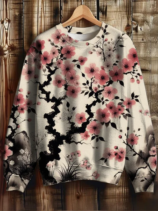 Women's Retro Japanese Art Cherry Blossom Print Cozy Sweatshirt