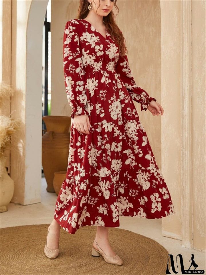 MidiSono - Autumn Winter Female Flower Print Long-sleeved Dresses