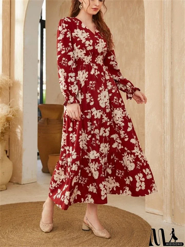 MidiSono - Autumn Winter Female Flower Print Long-sleeved Dresses