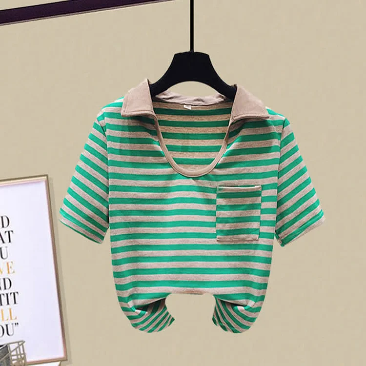 Stripe U-Neck Pocket Crop Top T-Shirt Denim Shorts - Modakawa modakawa