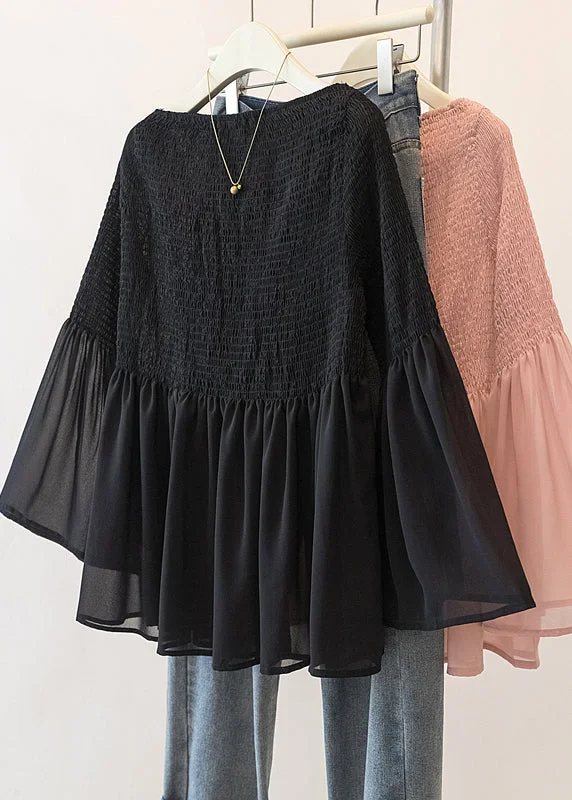 Cute Pink Wrinkled Chiffon Blouse Tops Flare Sleeve Fall