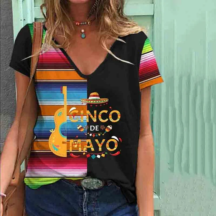 VChics Cinco De Mayo Color Block Print T-Shirt