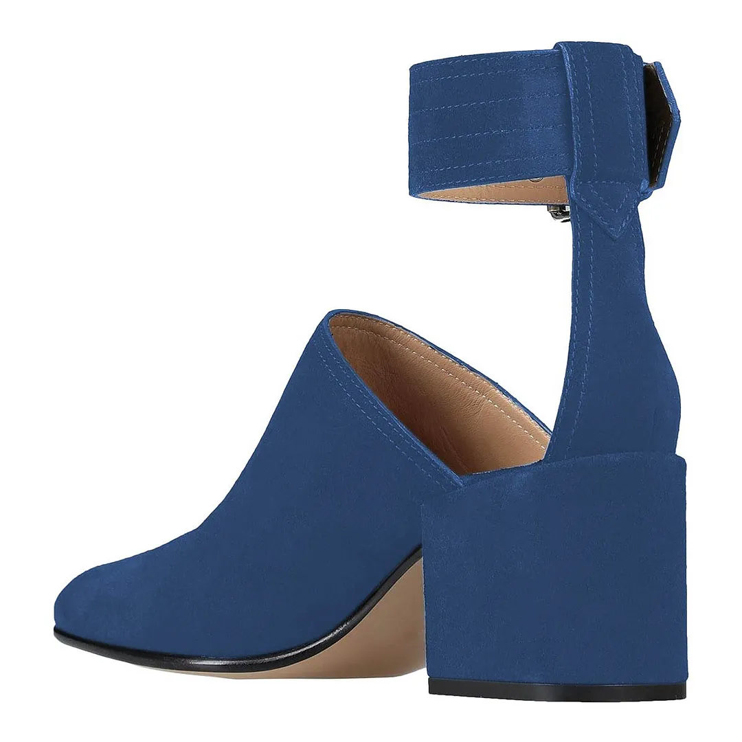 Blue Vegan Suede Ankle Strap Mid Block Heel Pumps for Women