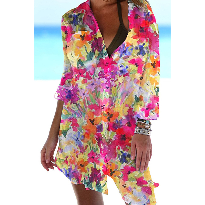 Myopiclunacy Colorful Floral Flower 3D Print Beach Blouses Women Long Sleeve Blusas Mid-length Shirts Buttons Shirt Woman Pocket Tops Blouse