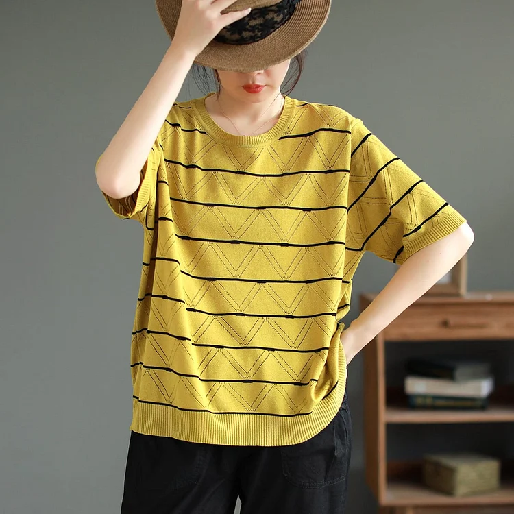 Summer Casual Stylish Stripe Elastic Knitted T-Shirt