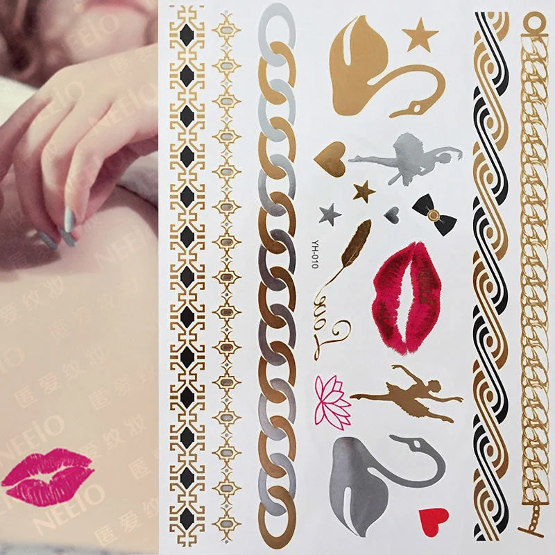 Temporary Flash Einmal Tattoo Classic gold Armband Hals Kette Henna 25teilig NEU