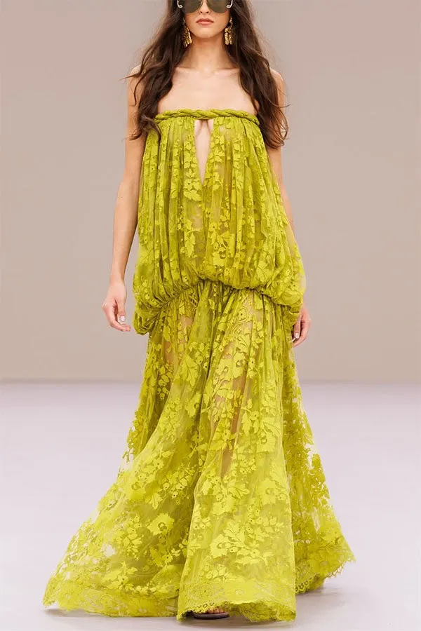 Romantic Era Sheer Floral Lace Off Shoulder Braid Cutout Detail Drape Maxi Dress