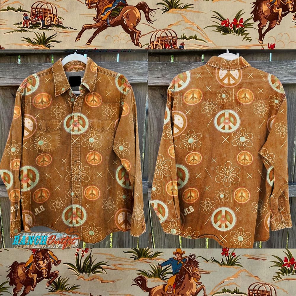 Vintage Western Cute Pastel Hippie Inspired Art Plant Horse Print Casual Shirt Multicolor / S