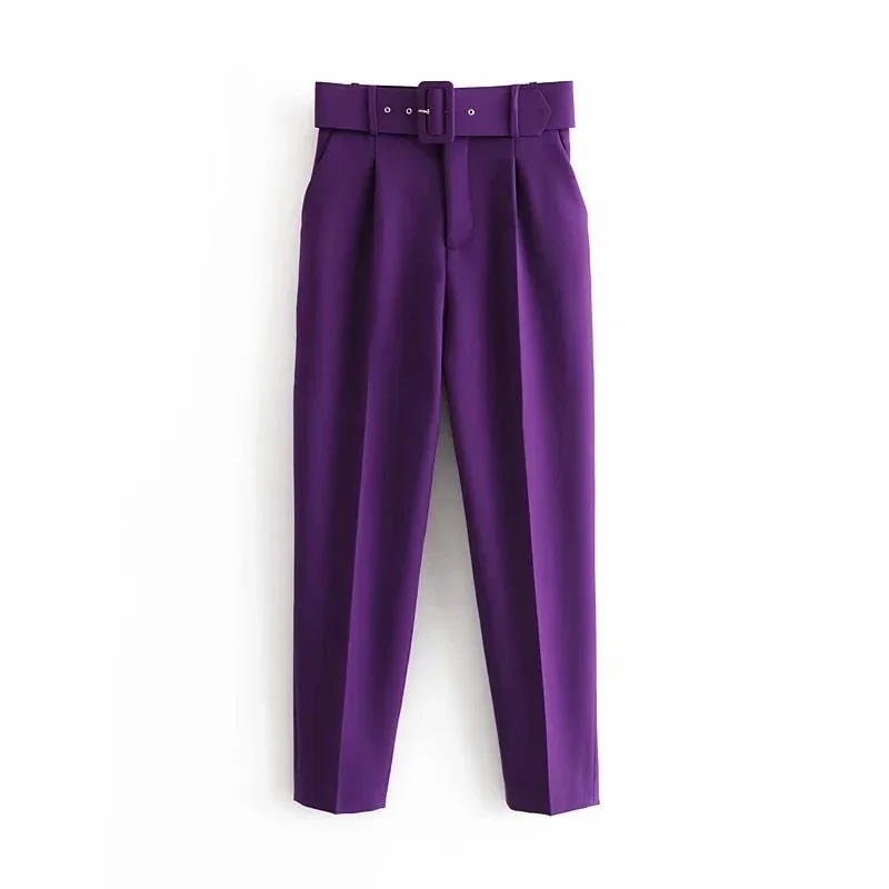 Za Women's With Belt Pant Pink High Waist Harem Pant Female Solid Office Ladies Trousers Purple Pockets Casual Streetwear Summer