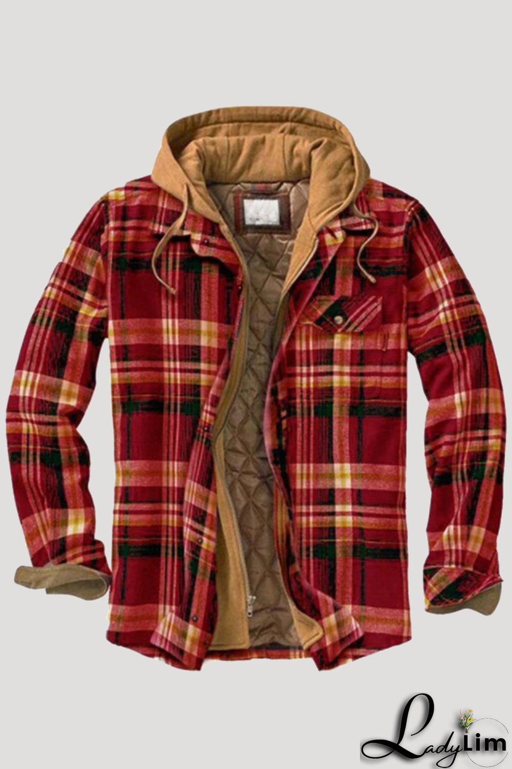 Red Fashion Casual Plaid Split Joint Hooded Collar Outerwear