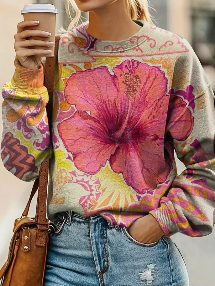 Floral Art Print Casual Sweatshirt