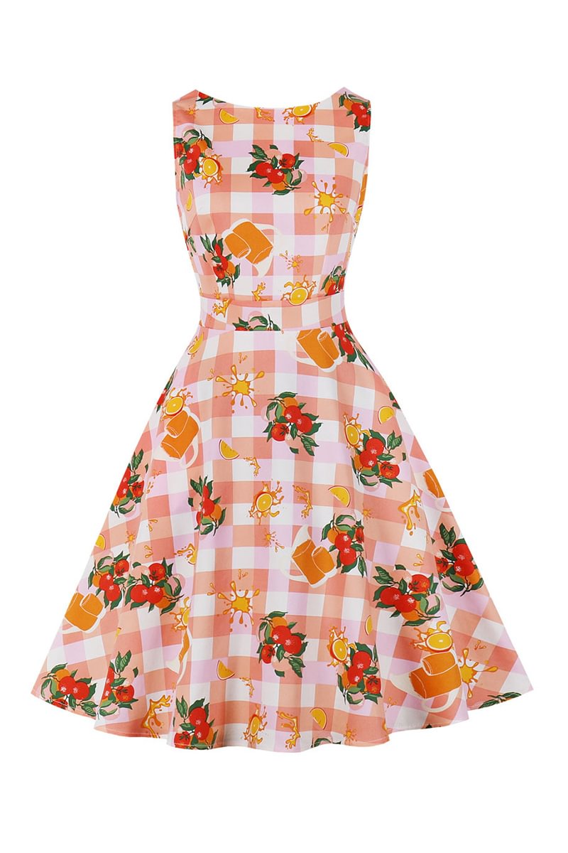 1950s orange elegant all over print sleeveless midi dress