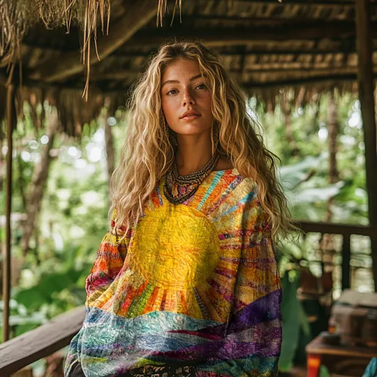 Vintage Bohemian Art Colorful Sun Print Cotton and Linen Blend Loose Top