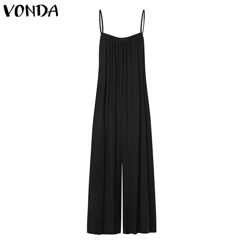 2022 Rompers Women Jumpsuits Summer Sleeveless Playsuits Sexy Wide Leg Pants VONDA Female Casual Loose V Neck Overalls