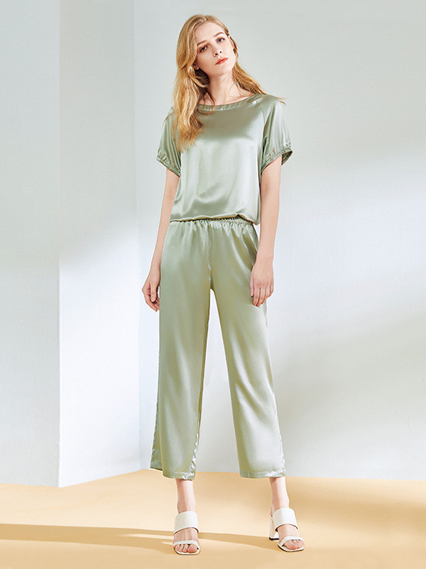 22 Momme Short Sleeves Elegant Franch Design Silk Pajamas Set Green