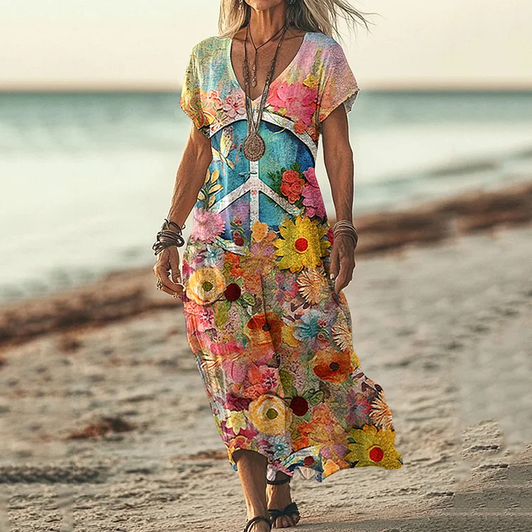 Vintage Hippie Vibe Peace And Love Hippie Floral Painting Art  Pattern Linen Blend  V-neck Loose Midi Dress