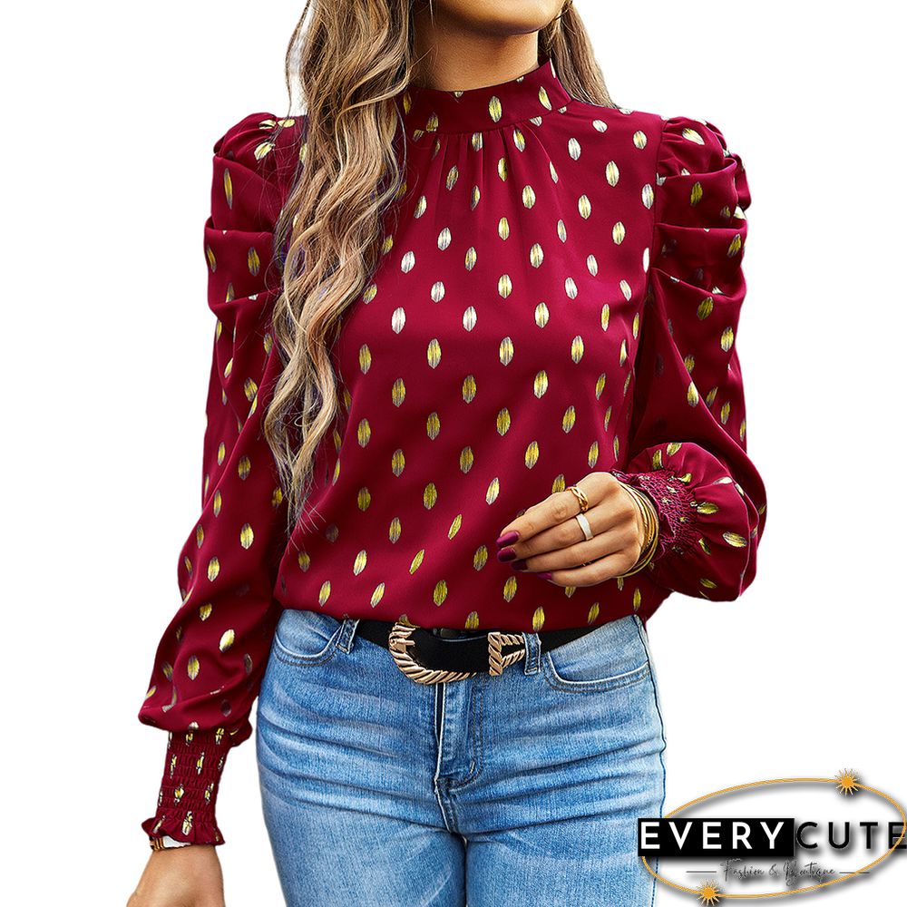 Burgundy Polka Dot Pleated Cuffs Long Sleeve Tops
