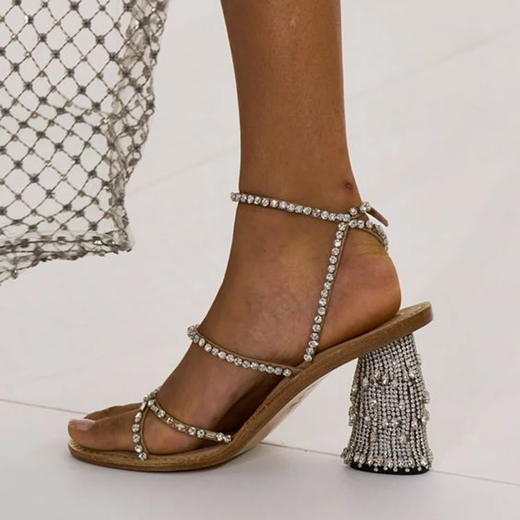 Women's Strappy Sandals Elegant Rhinestones Party Shoes Evening Heels |FSJ Shoes