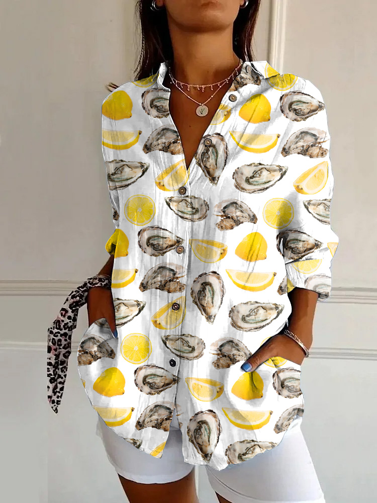 Casual Lemon Oyster Print Long Sleeve Shirt
