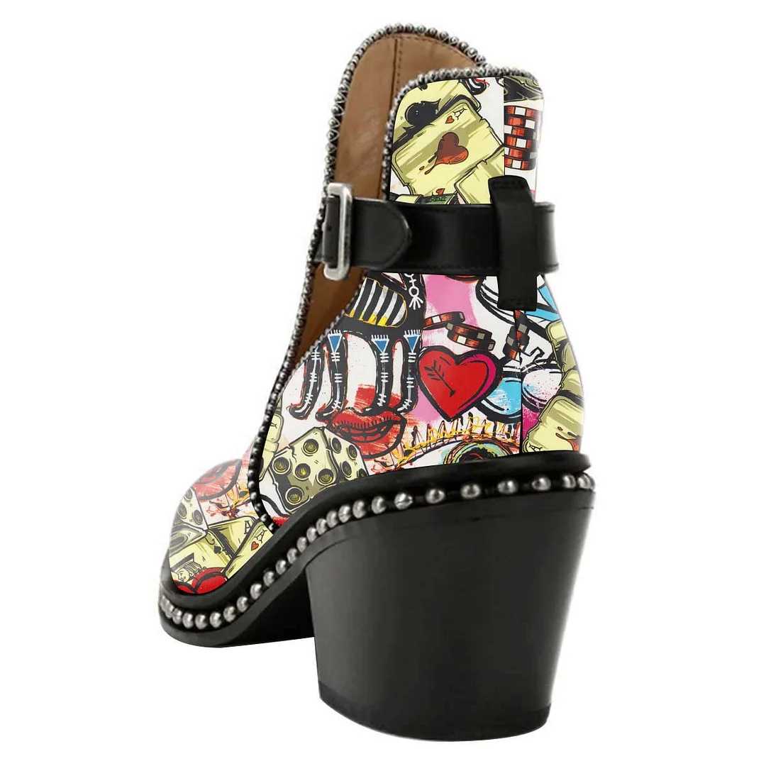 Multicolor Chunky Heel Cartoon Poker Studded Buckle Strap Ankle Boots