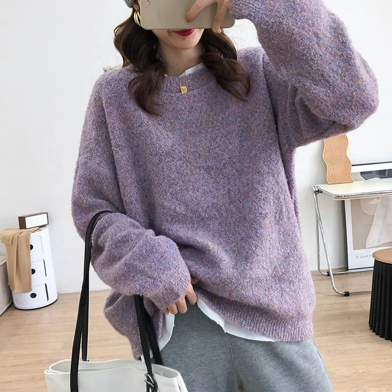 Autumn and winter women's sweater casual solid color round neck long sleeve loose sweater