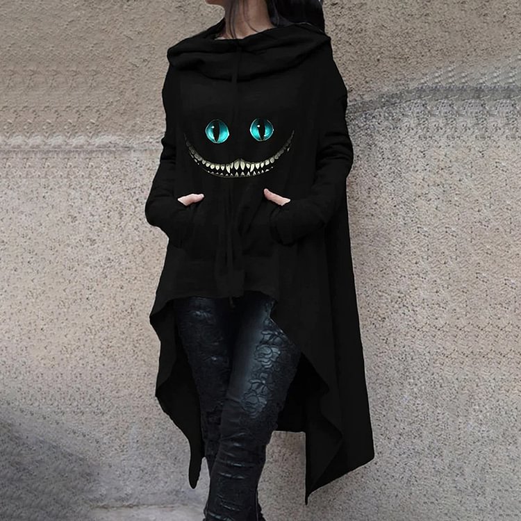 Halloween Cat Face Print Irregular Hoodie