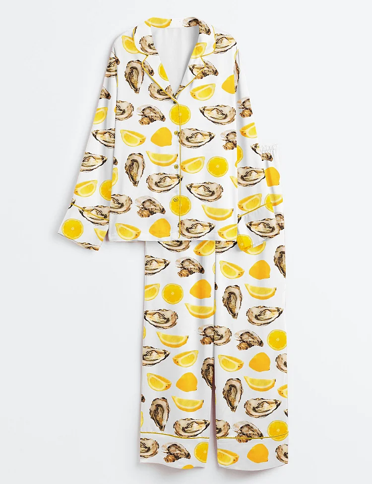 Women&rsquo;s The World Is Your Oyster Fisherman Style Oyster Shells Orange Print Long Sleeve Satin Pajama Set