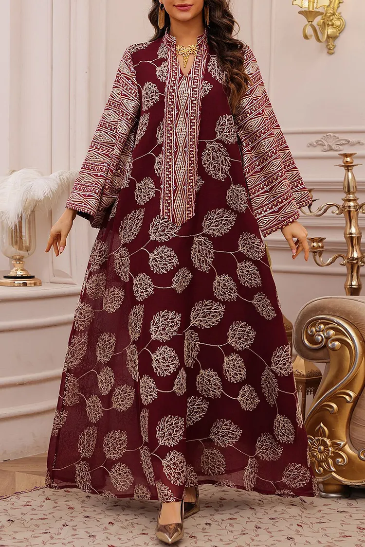 Embroidery Sequin Stand Collar Long Sleeve Tassel Decor Kaftan Maxi Dresses