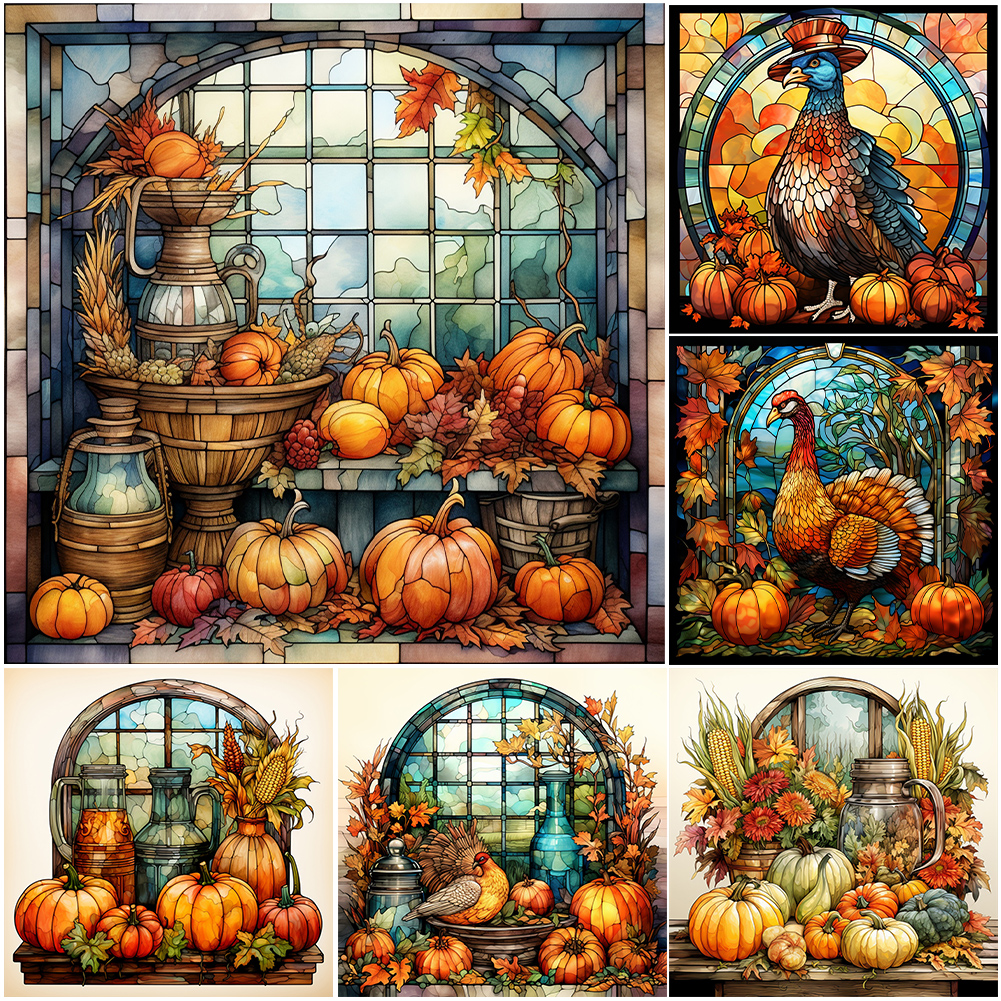  Diamond Painting Kits - 5D Autumn Pumpkin Sunflower Diamond Art  for Adults Kids Full Drill Round Crystal Pictures Home Wall Art (12 X 16)