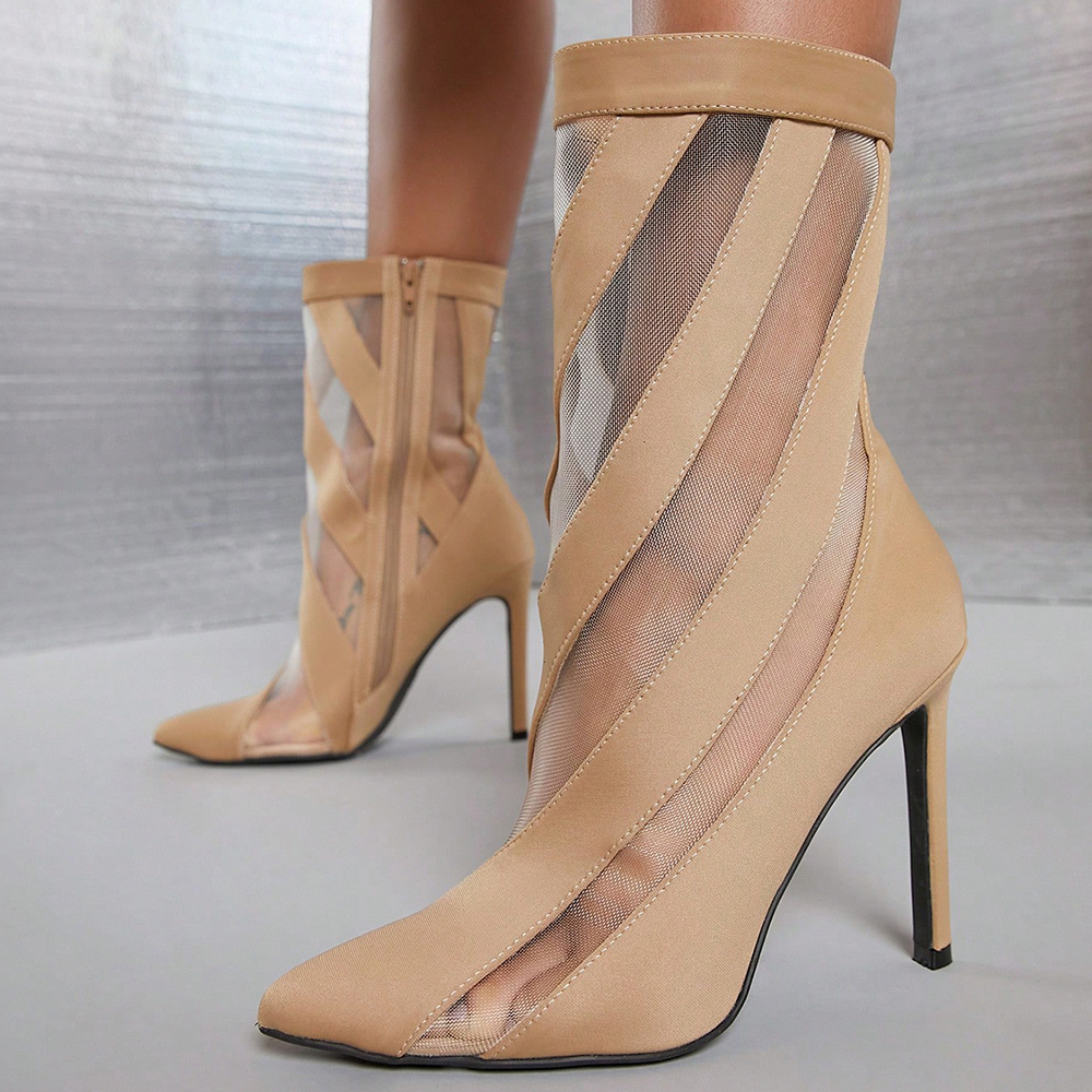 Beige Satin Pointed Toe 4'' Stiletto Heel Patchwork Ankle Boots Nicepairs