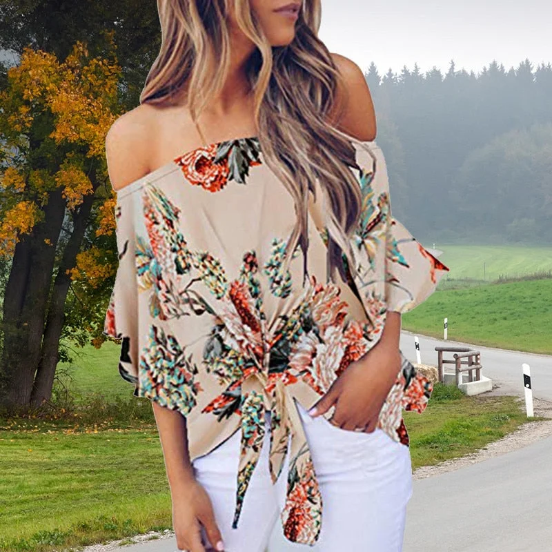 Women Summer Blouses Sexy Off Shoulder Floral Printing Shirts Spring Casual Loose Lace Up Plus Size Ladies Female Tops Blouse