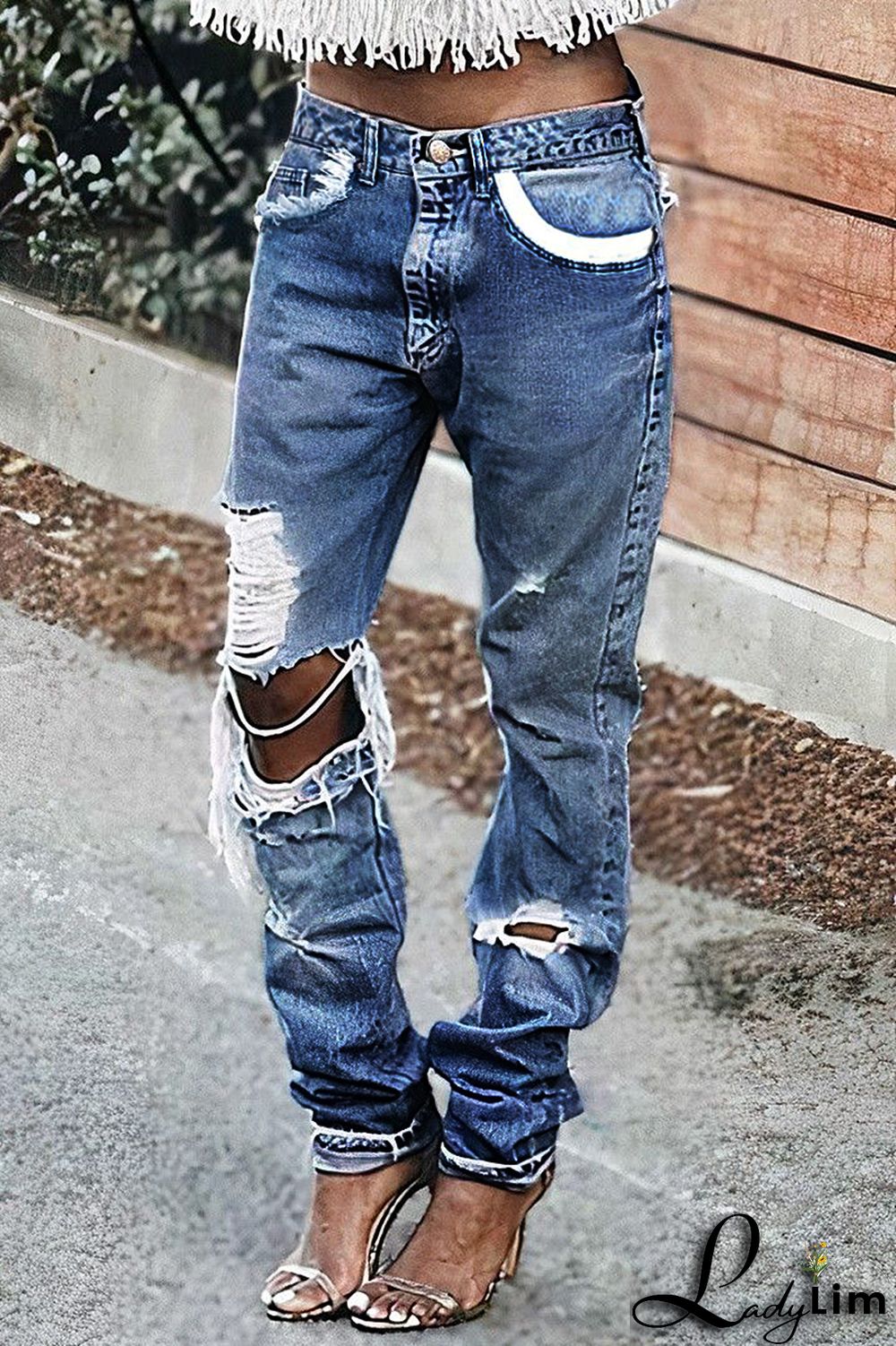 Ripped Low Waist Slant Pocket Straight Leg Jeans