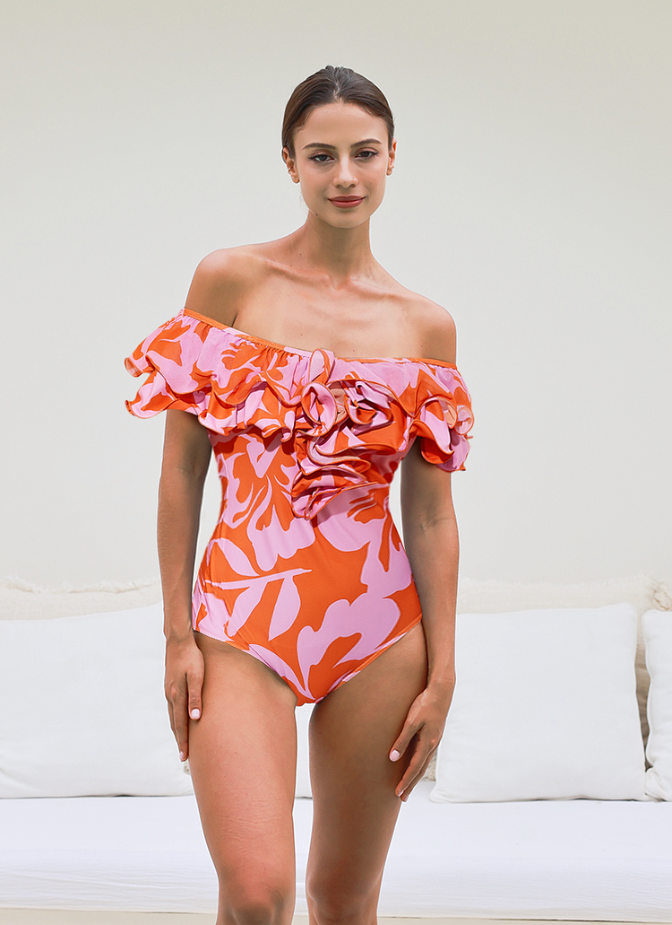 【THE MOZZ】[Premium] Fleur Pleats French One Piece Off Shoulder Ruffled Printed One Piece Swimsuit and Skirt