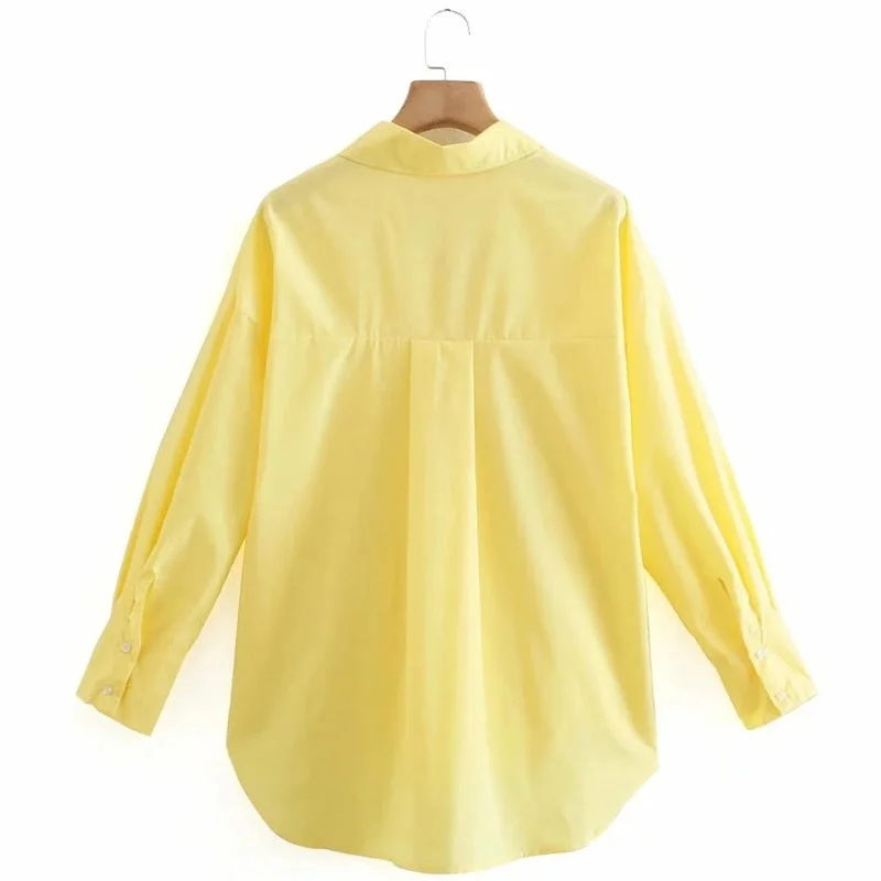 Summer Women Turndown Collar Yellow Loose Blouse Female Long Sleeve Shirt Casual Lady Tops Blusas S8868