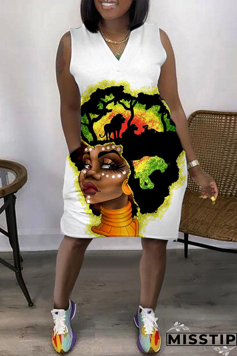 Green Fashion Casual Print Patchwork V Neck Sleeveless Plus Size Dress