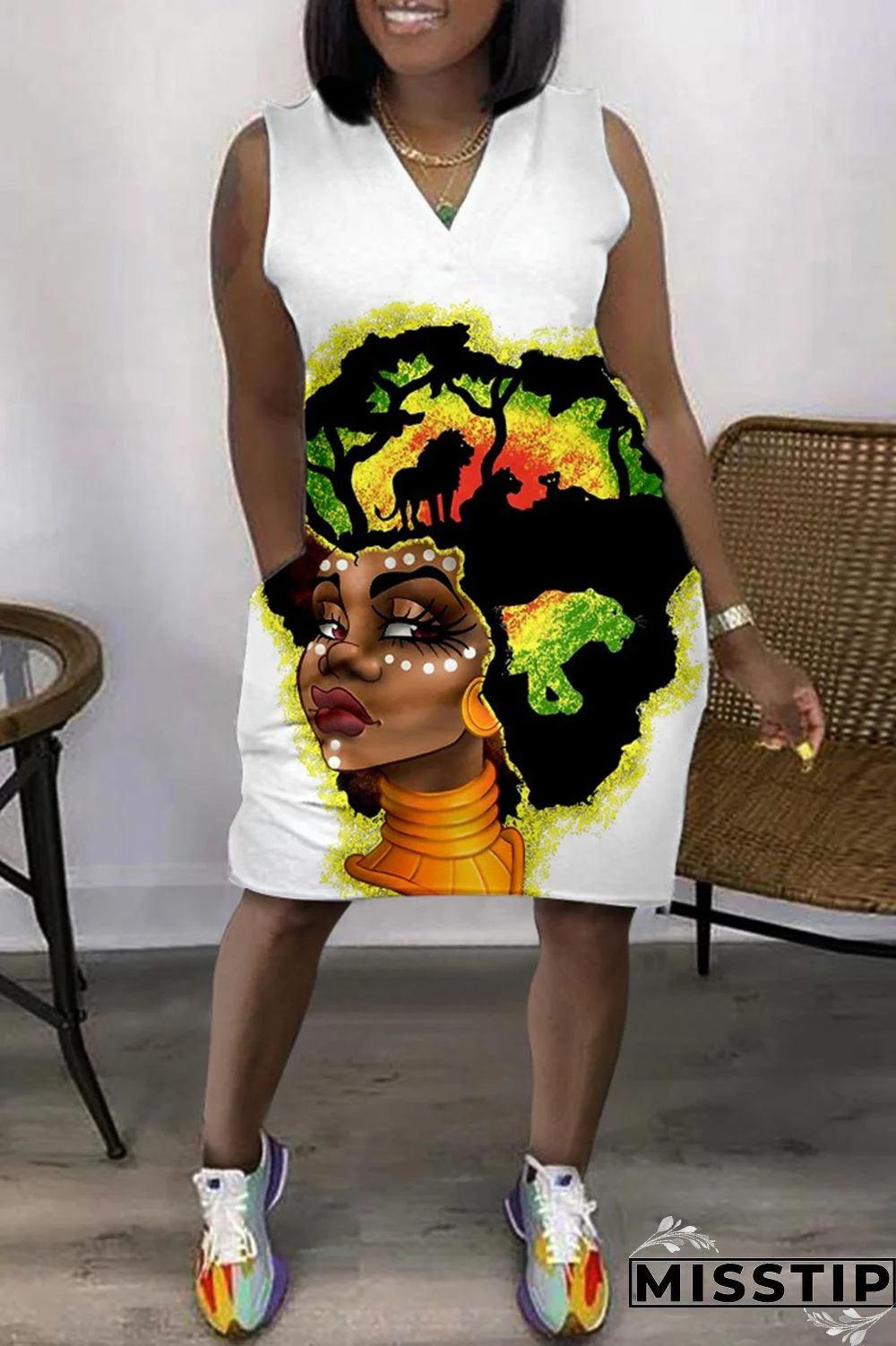 Green Fashion Casual Print Patchwork V Neck Sleeveless Plus Size Dress