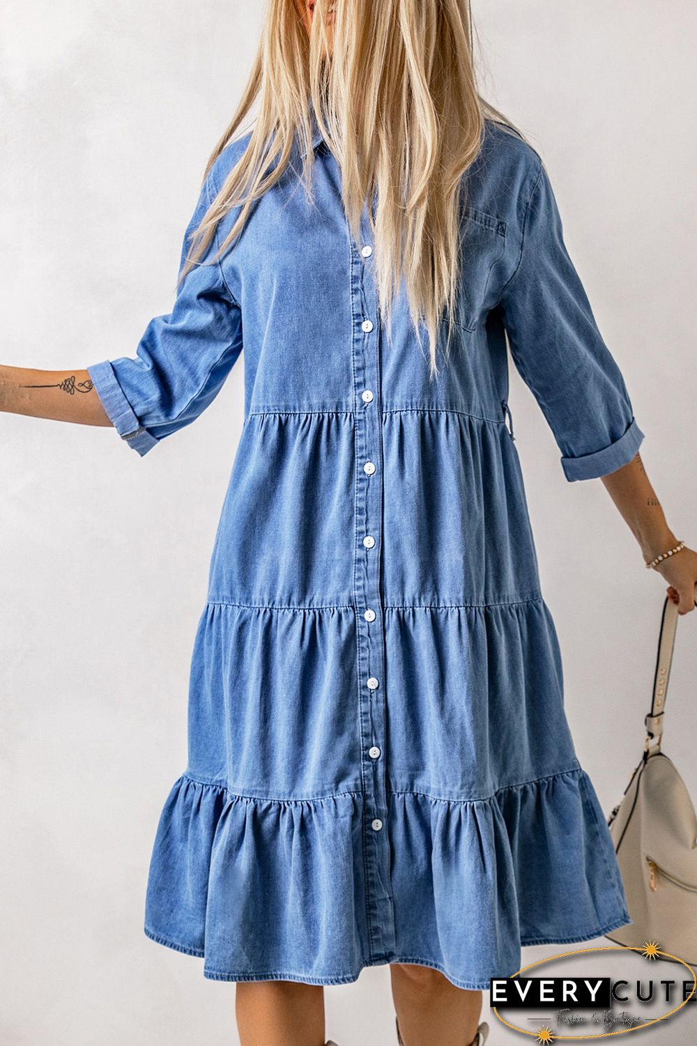 Sky Blue Ruffled Denim Full Buttoned Midi Dress