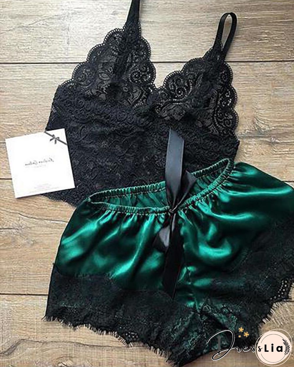 Eyelash Crochet Lace Satin Bowknot Cami Set
