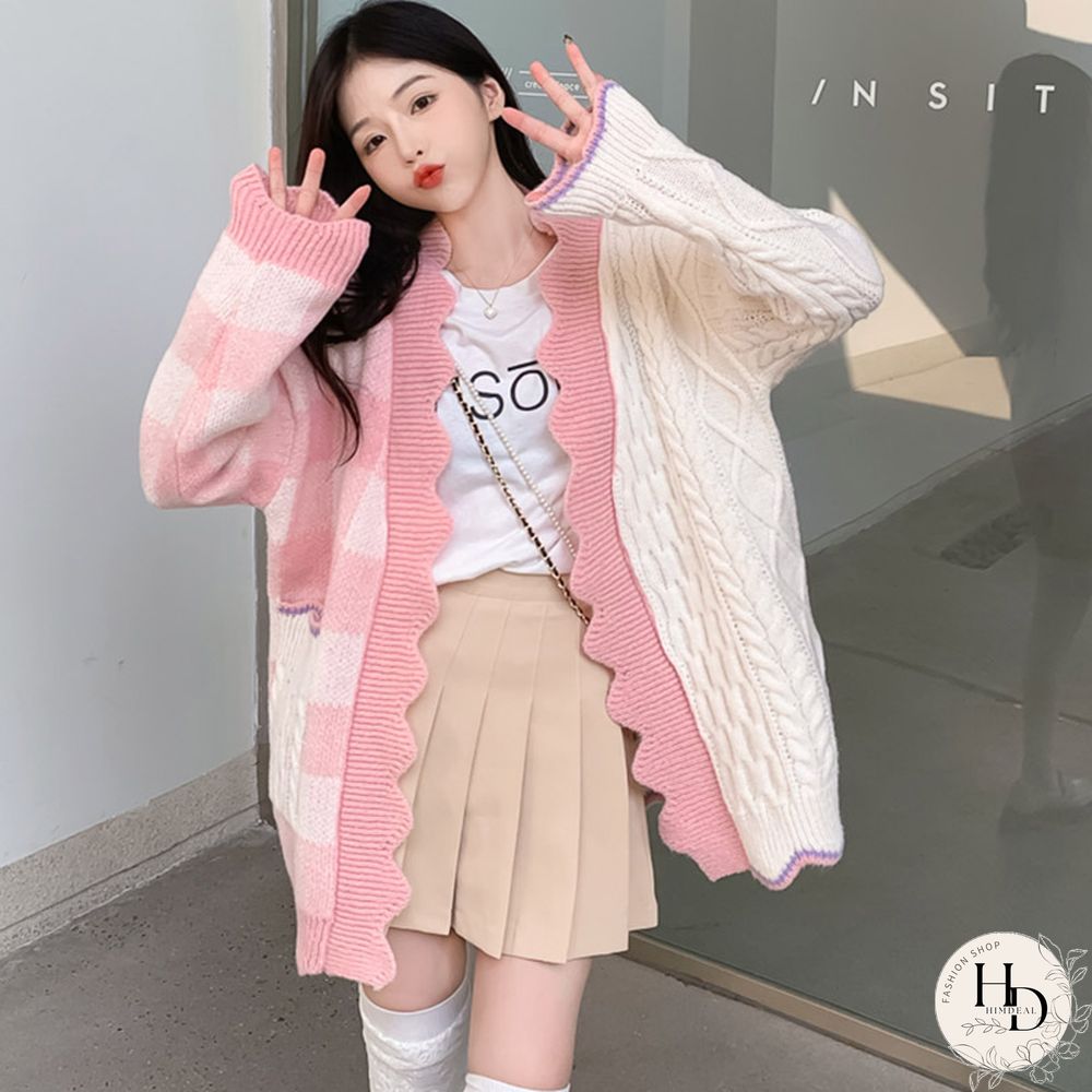 Lattice Print Colorblock Pocket Loose Cardigan Sweater