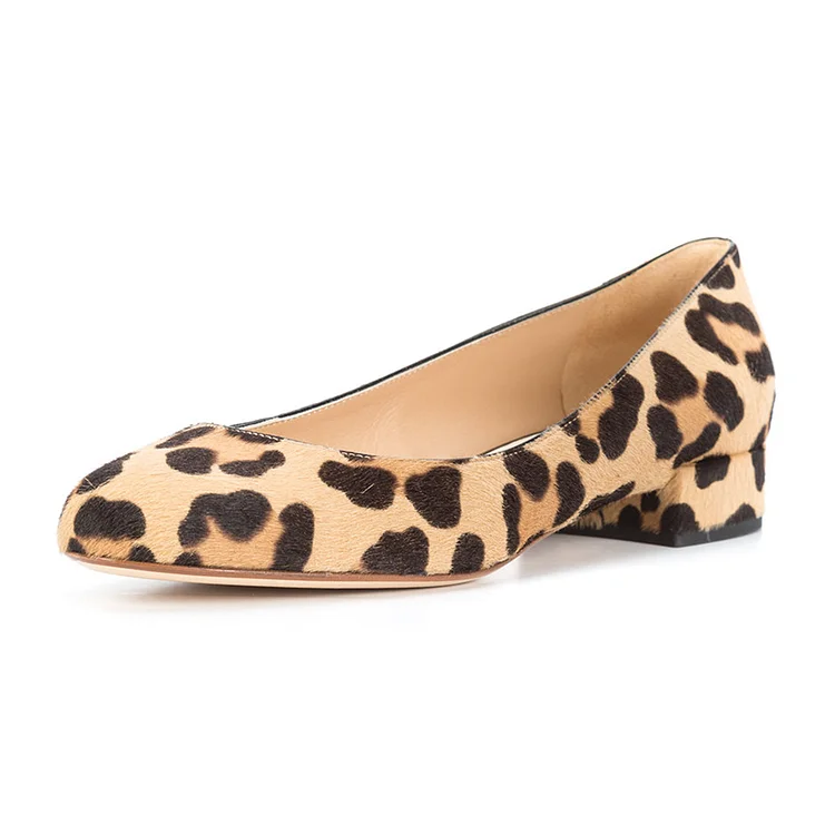 Brown Leopard Print Heels Round Toe Chunky Heels Vegan Suede Shoes |FSJ Shoes